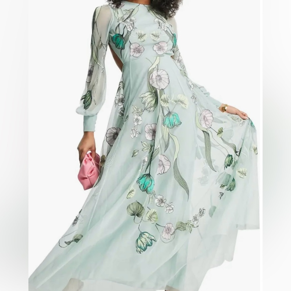 ASOS Design Nouveau Floral Embroidered Open Back Maxi Dress Aqua Size 13 NWT